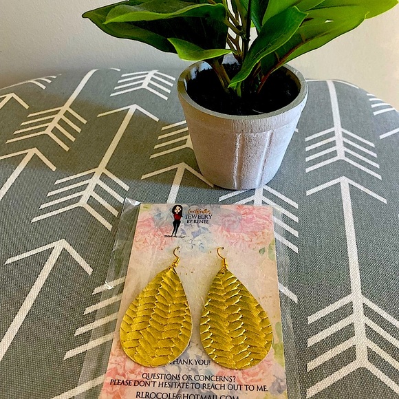 Lightweight Leather Teardrop Gold Handmade Earrings - Picture 3 of 5